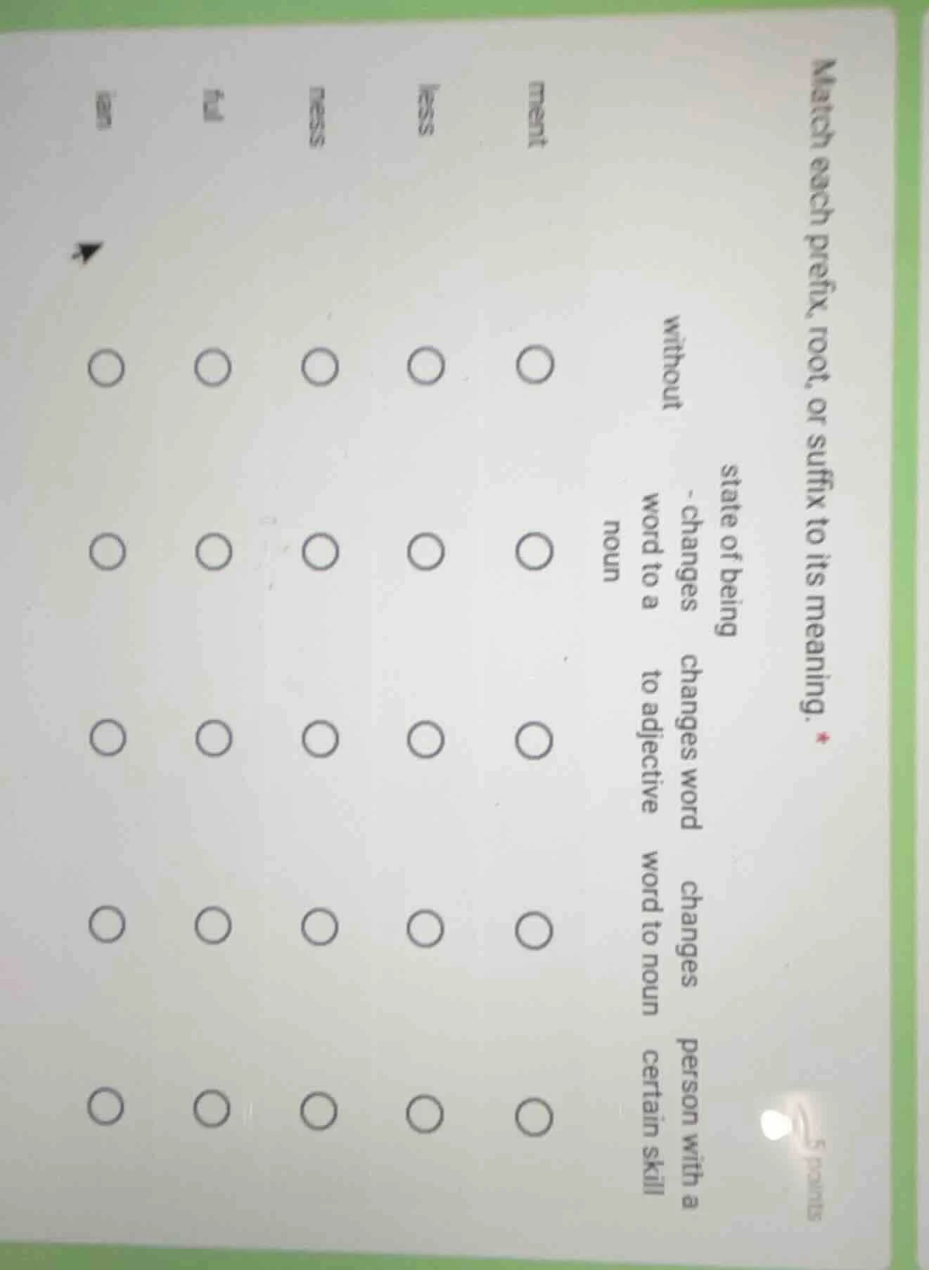 match each prefix, root, or suffix to its meaning. state of being - cha…