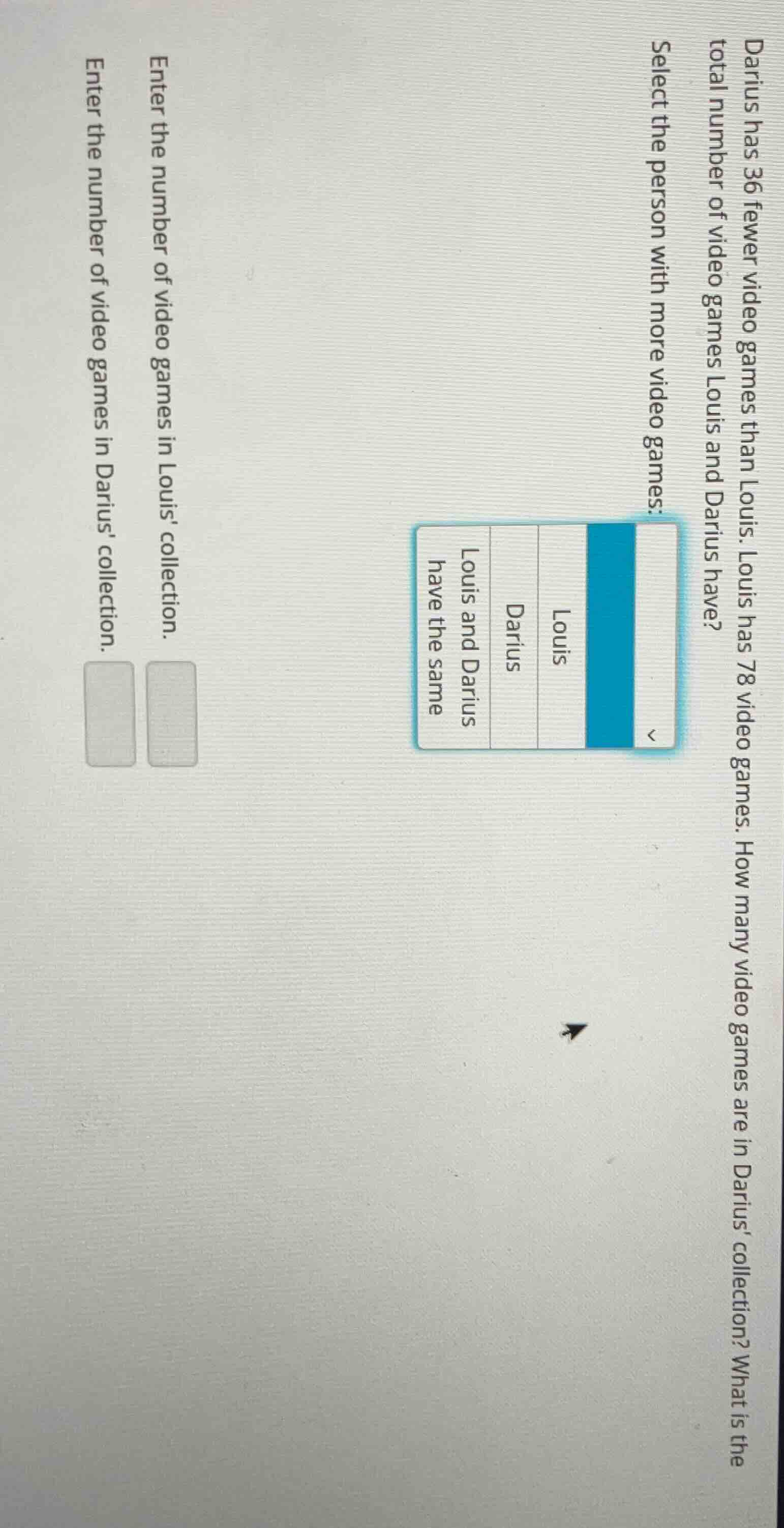 darius has 36 fewer video games than louis. louis has 78 video games. h…