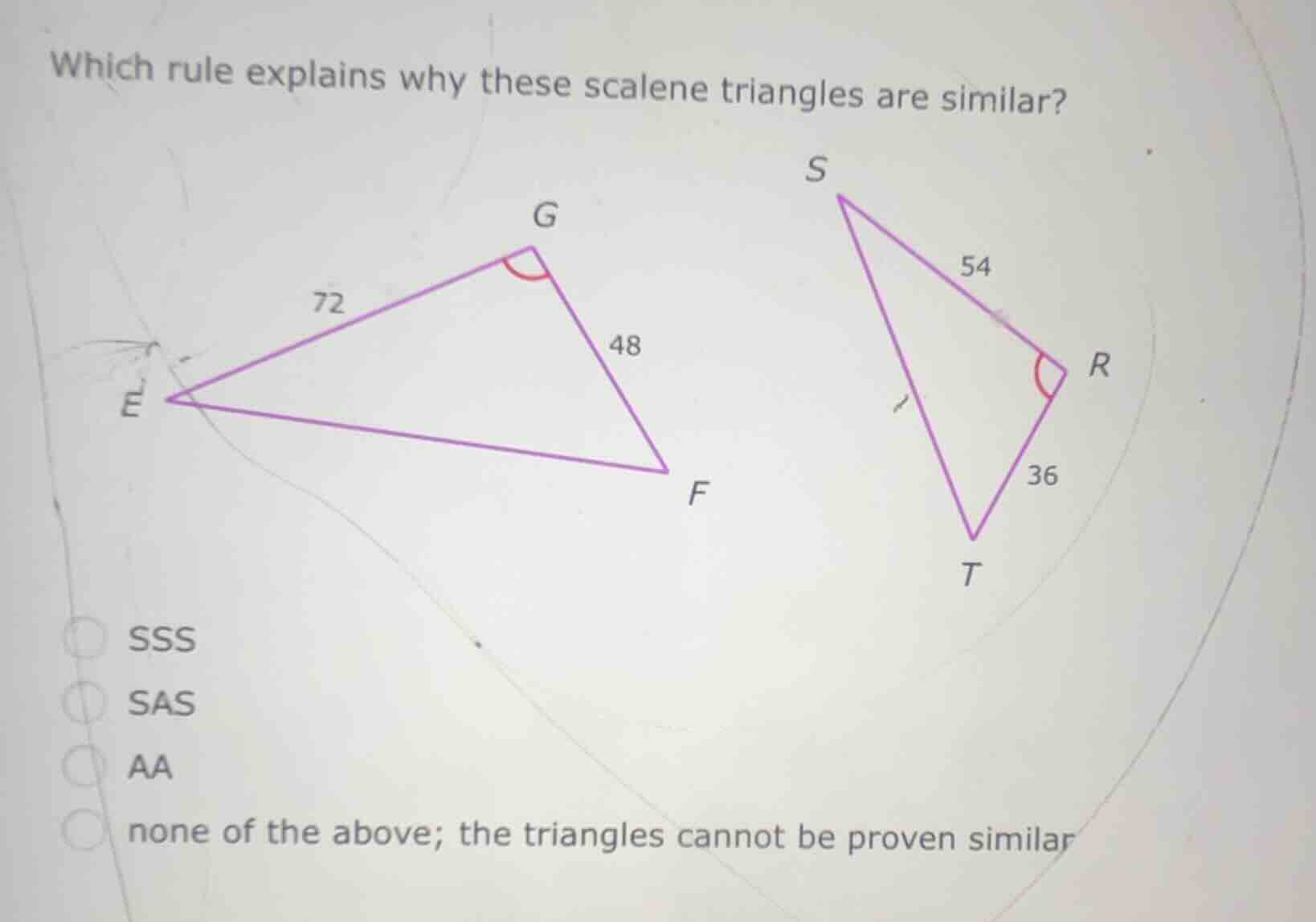 which rule explains why these scalene triangles are similar? (the image…