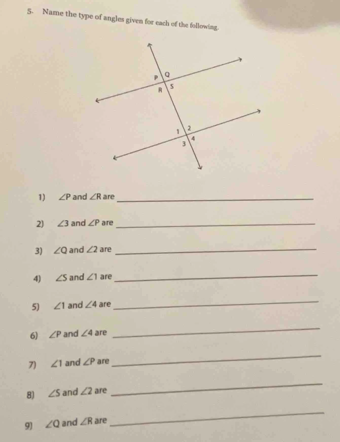 5. name the type of angles given for each of the following. 1) $\\angle…