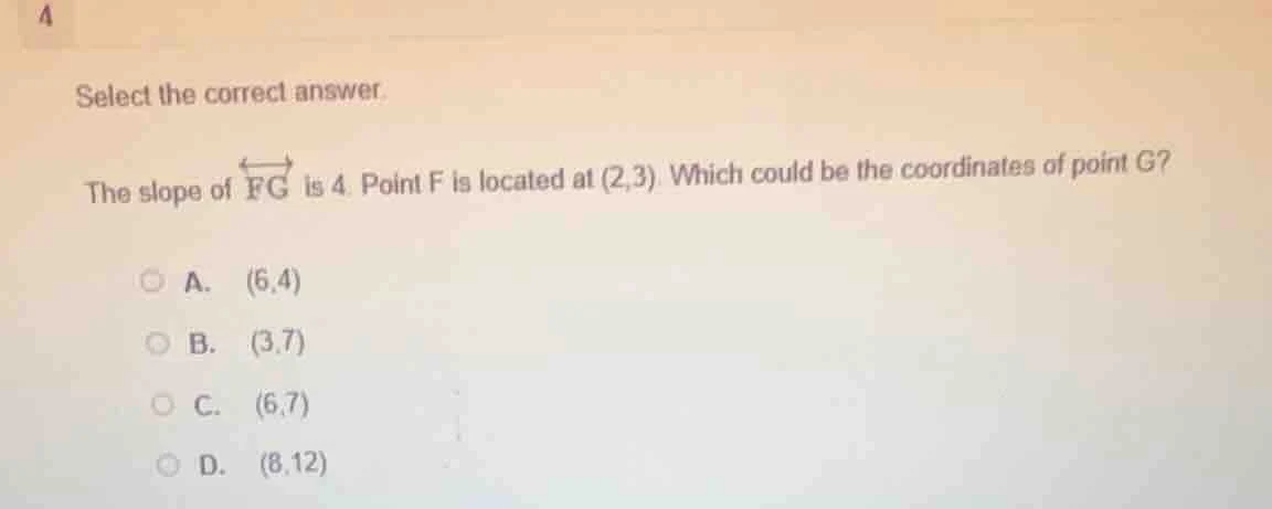 select the correct answer. the slope of \\overleftrightarrow{fg} is 4. …