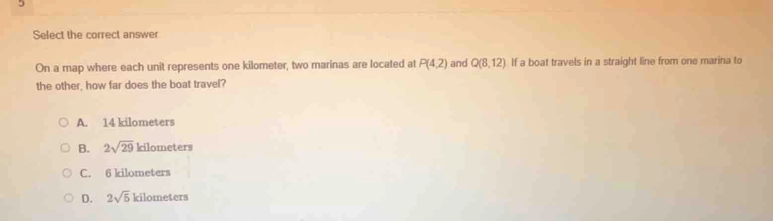 select the correct answer. on a map where each unit represents one kilo…