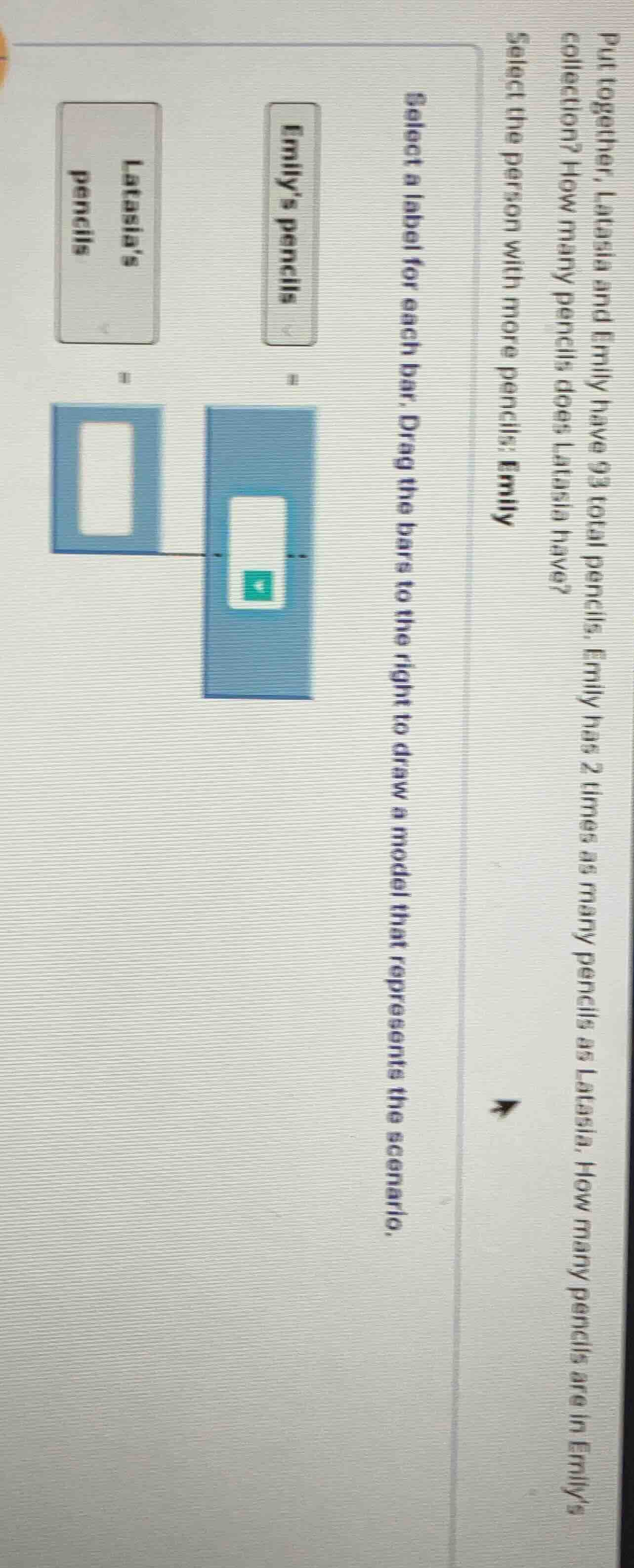 put together, latasia and emily have 93 total pencils. emily has 2 time…