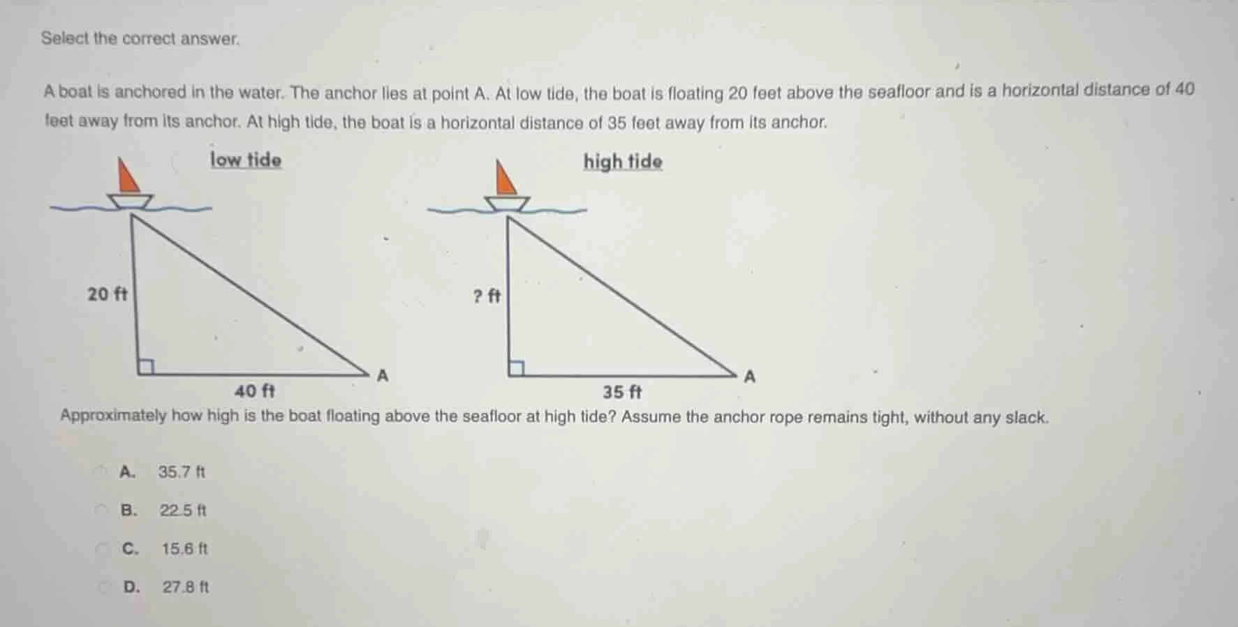 select the correct answer. a boat is anchored in the water. the anchor …
