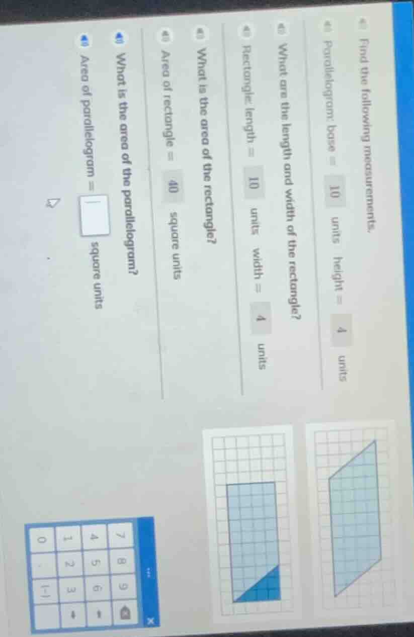 find the following measurements. parallelogram: base = 10 units height …