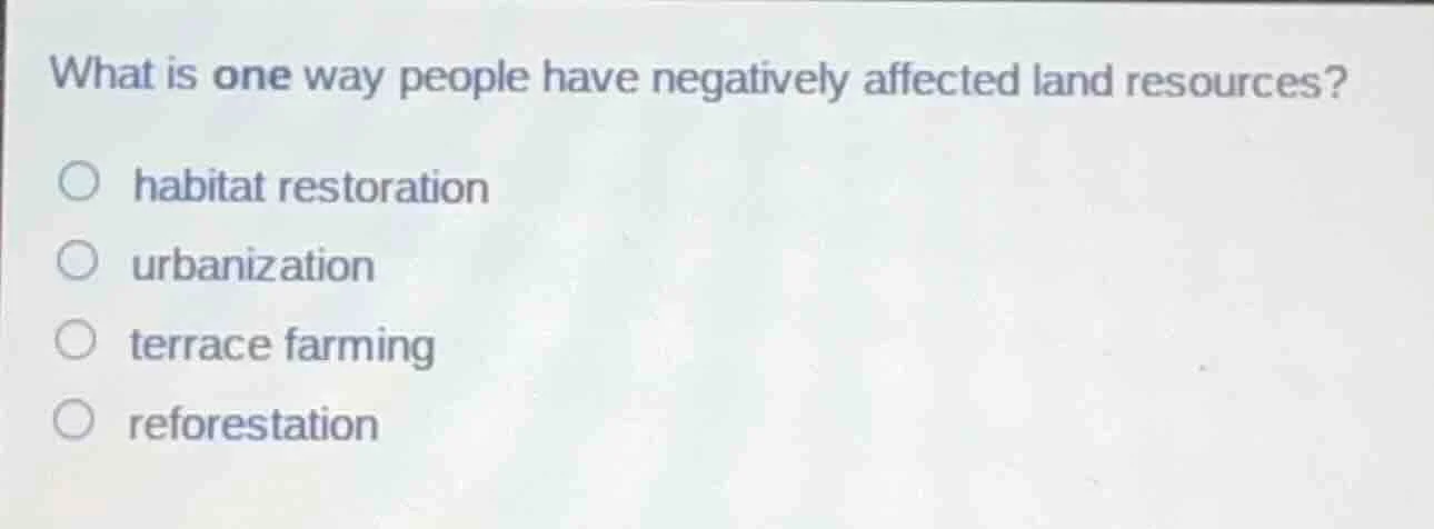 what is one way people have negatively affected land resources? ○ habit…
