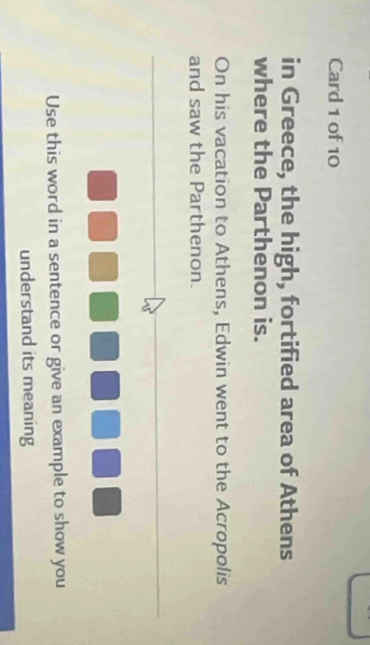 card 1 of 10 in greece, the high, fortified area of athens where the pa…