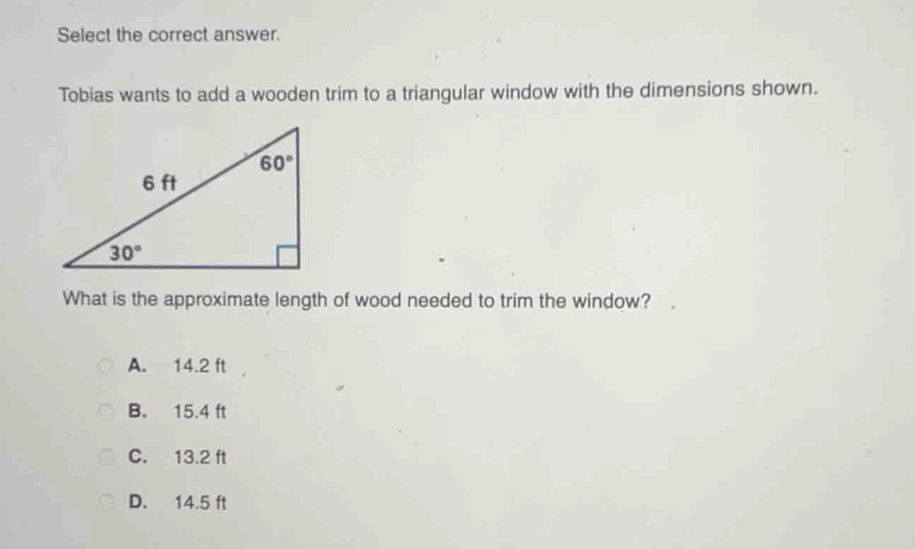 select the correct answer. tobias wants to add a wooden trim to a trian…