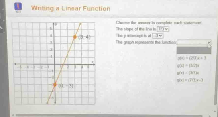 writing a linear function choose the answer to complete each statement …