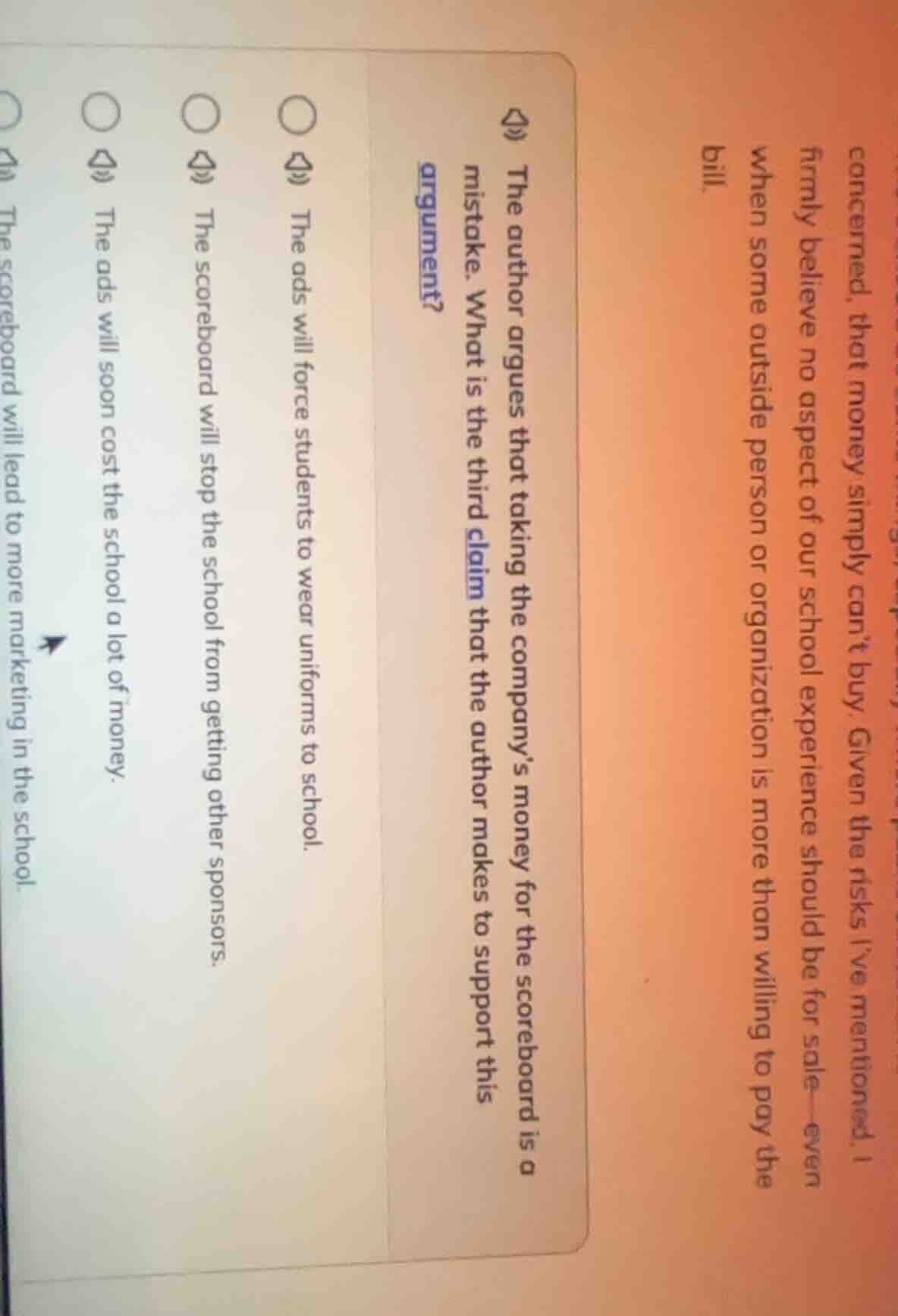 the author argues that taking the company’s money for the scoreboard is…