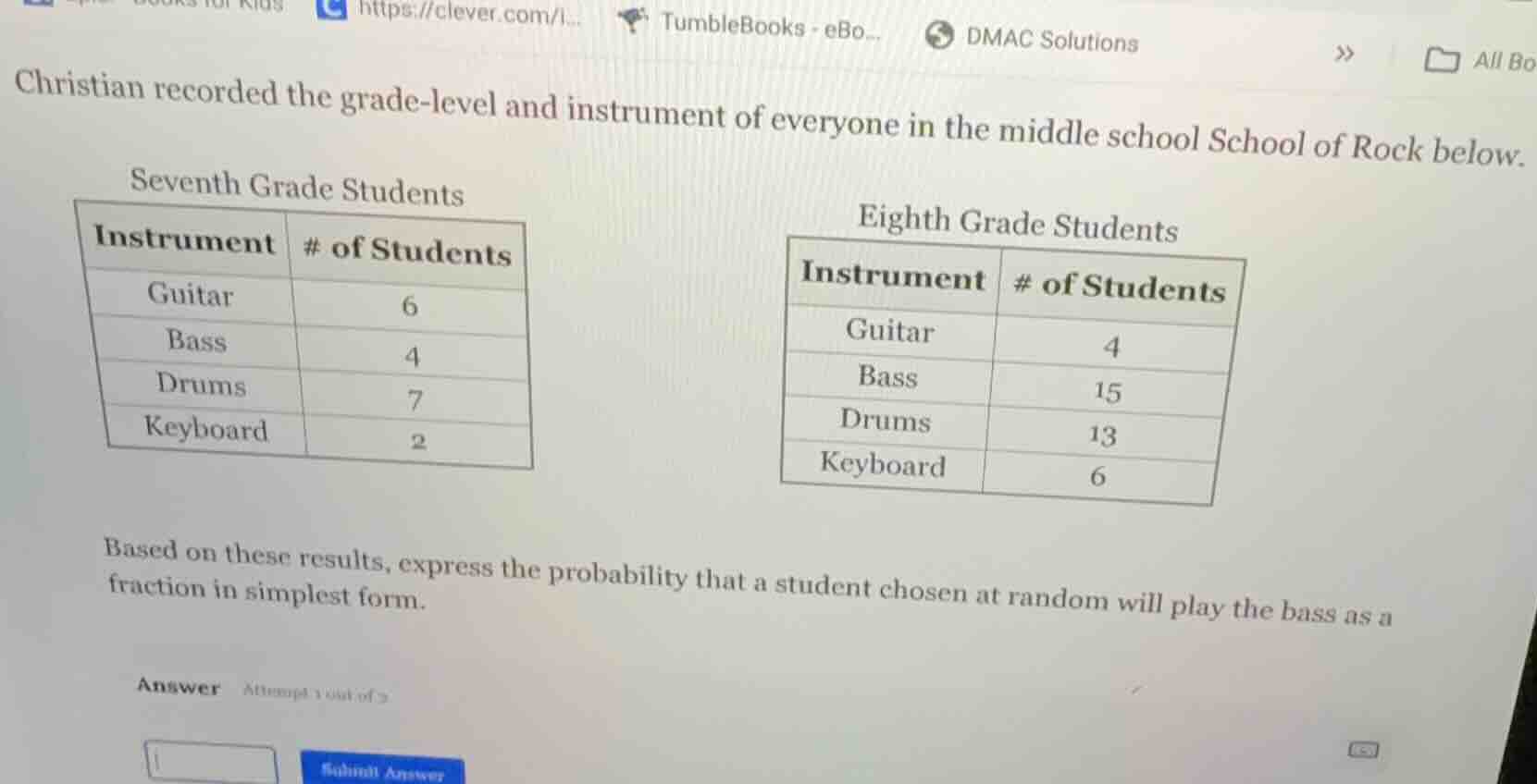 christian recorded the grade - level and instrument of everyone in the …