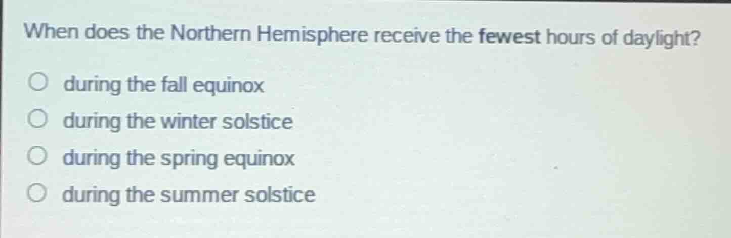 when does the northern hemisphere receive the fewest hours of daylight?…