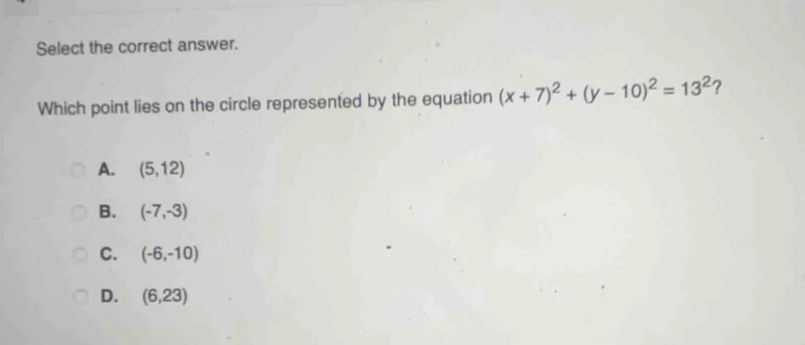 select the correct answer. which point lies on the circle represented b…
