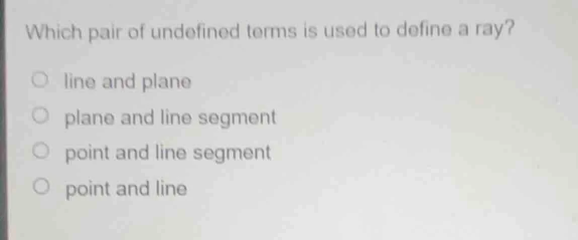 which pair of undefined terms is used to define a ray? line and plane p…
