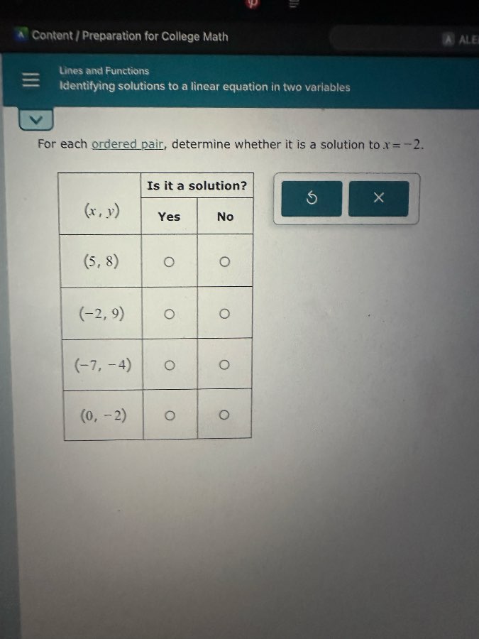 for each ordered pair, determine whether it is a solution to $x = -2$. …