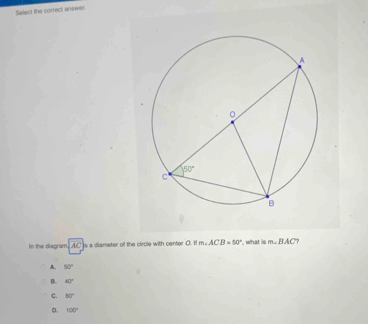 select the correct answer. in the diagram, (overline{ac}) is a diameter…