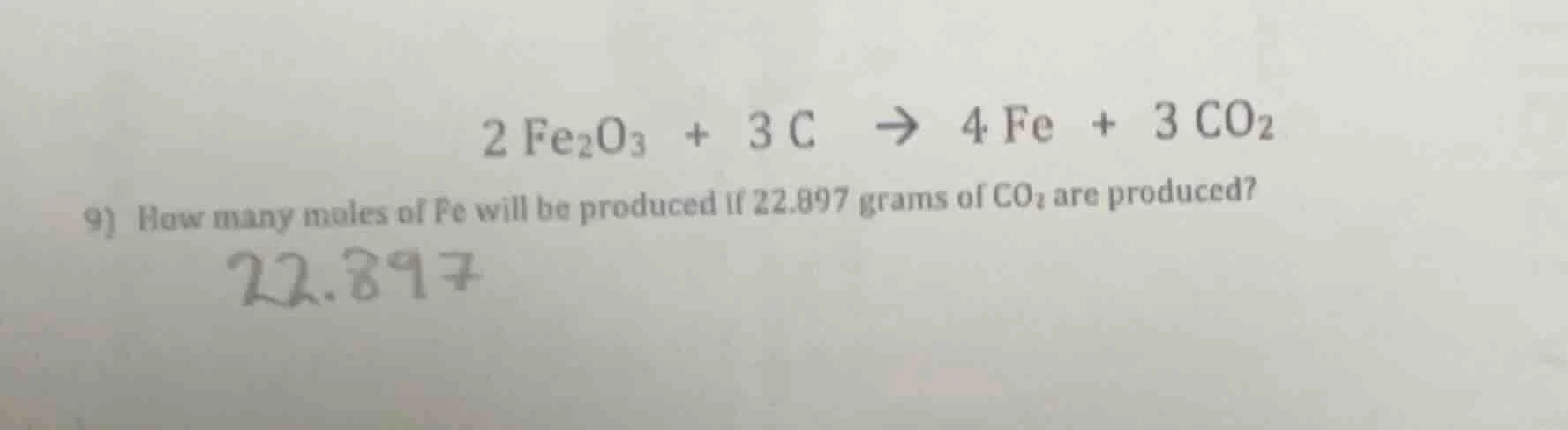 2 fe₂o₃ + 3 c → 4 fe + 3 co₂ 9) how many moles of fe will be produced i…