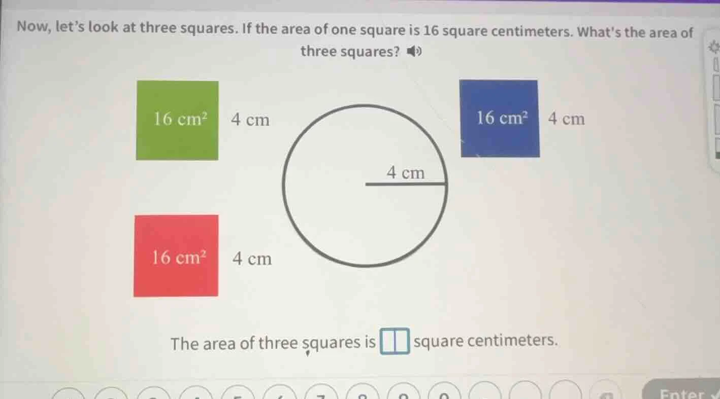 now, lets look at three squares. if the area of one square is 16 square…
