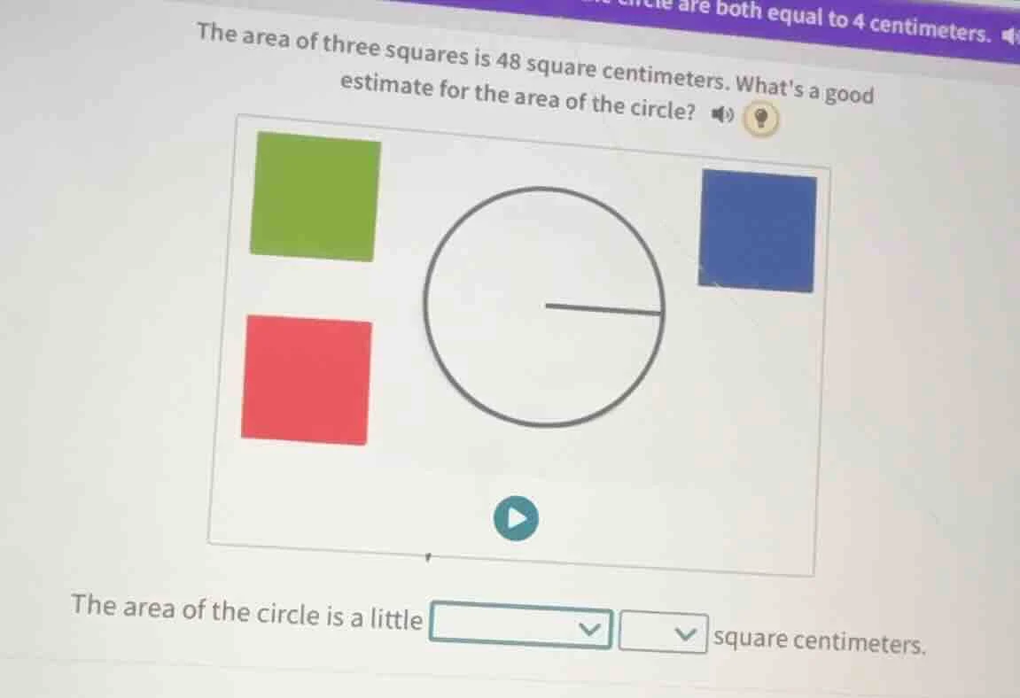 the area of three squares is 48 square centimeters. whats a good estima…