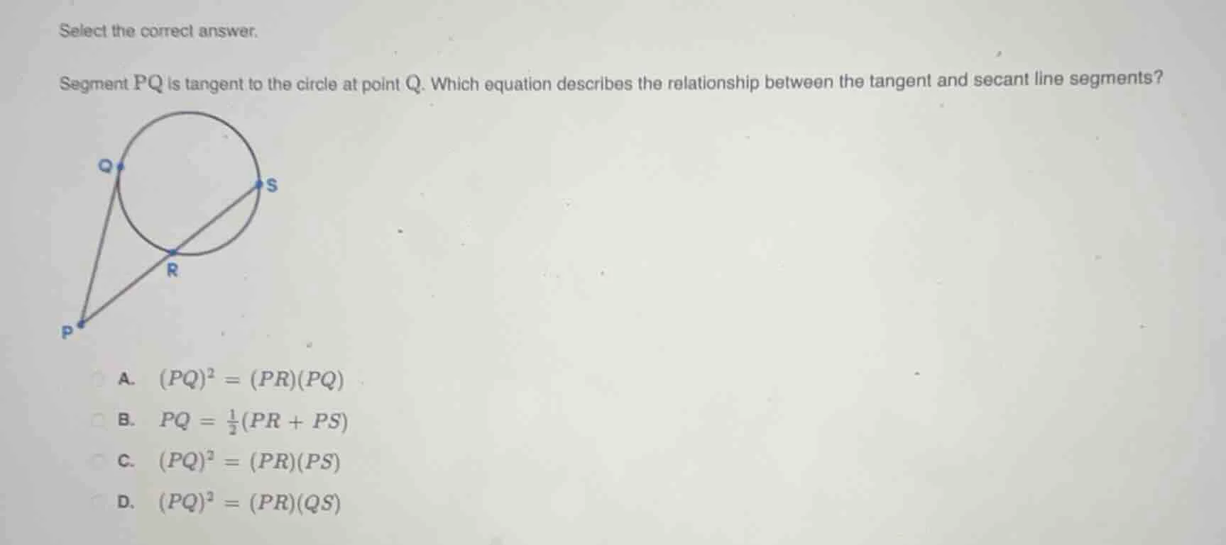 select the correct answer. segment pq is tangent to the circle at point…