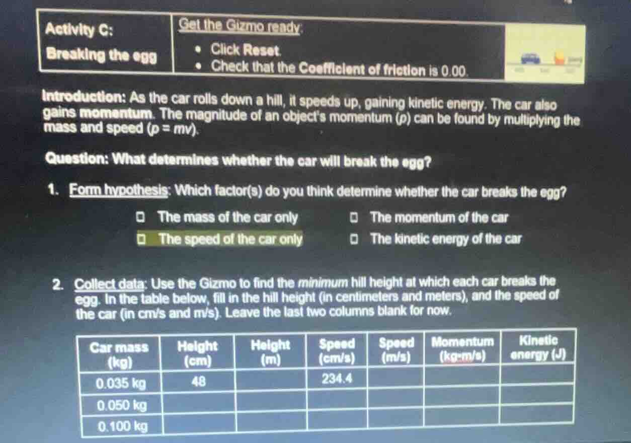 activity c: breaking the egg get the gizmo ready: - click reset. - chec…