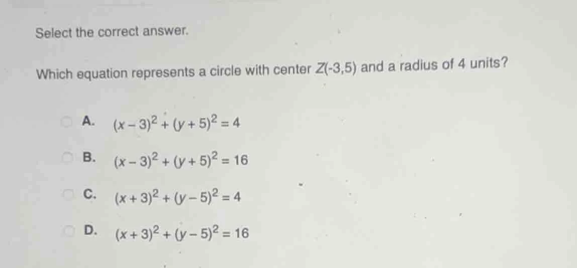select the correct answer. which equation represents a circle with cent…