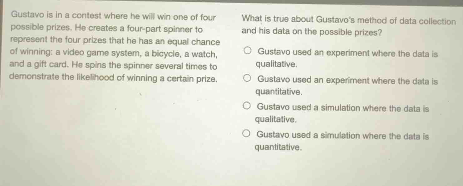 gustavo is in a contest where he will win one of four possible prizes. …