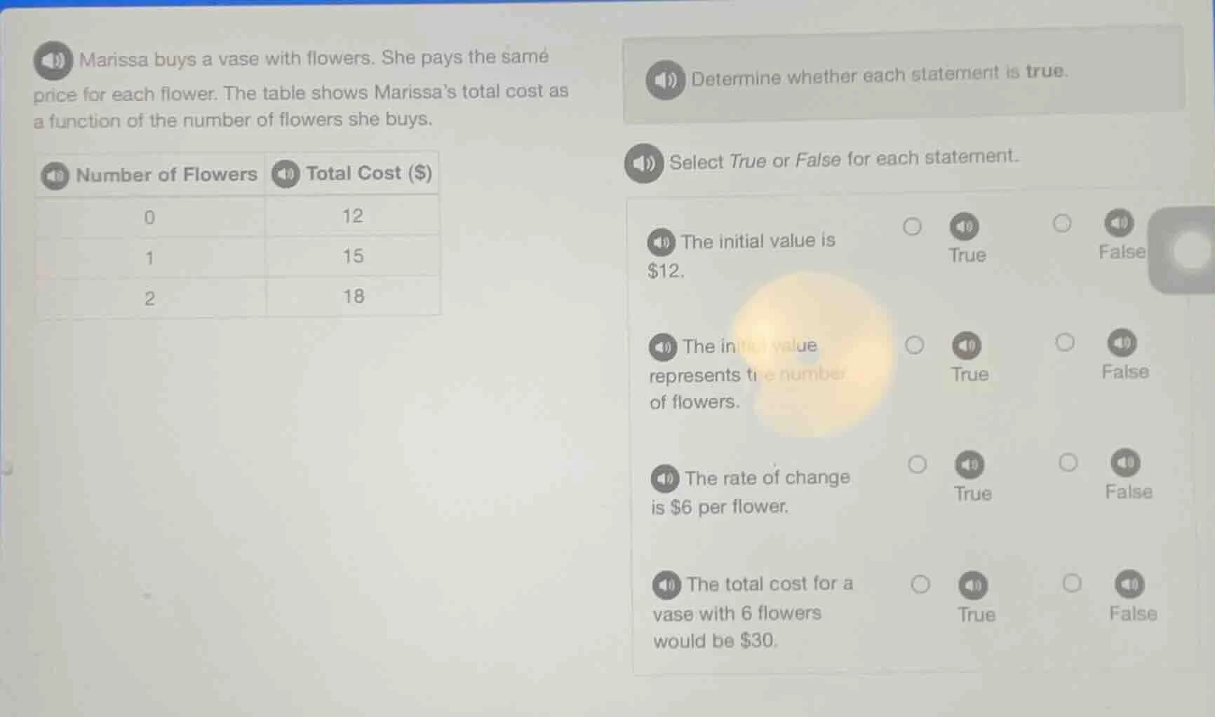 marissa buys a vase with flowers. she pays the same price for each flow…