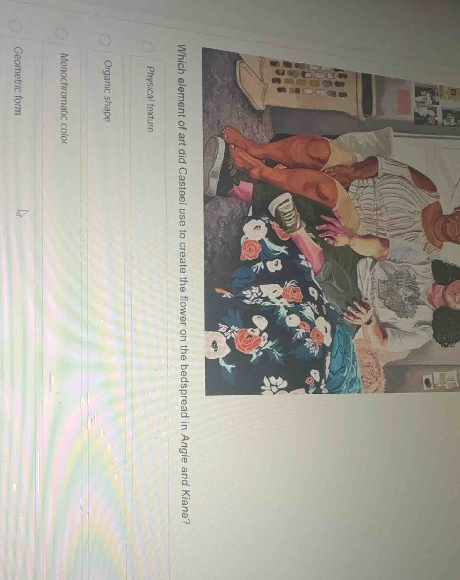 which element of art did casteel use to create the flower on the bedspr…