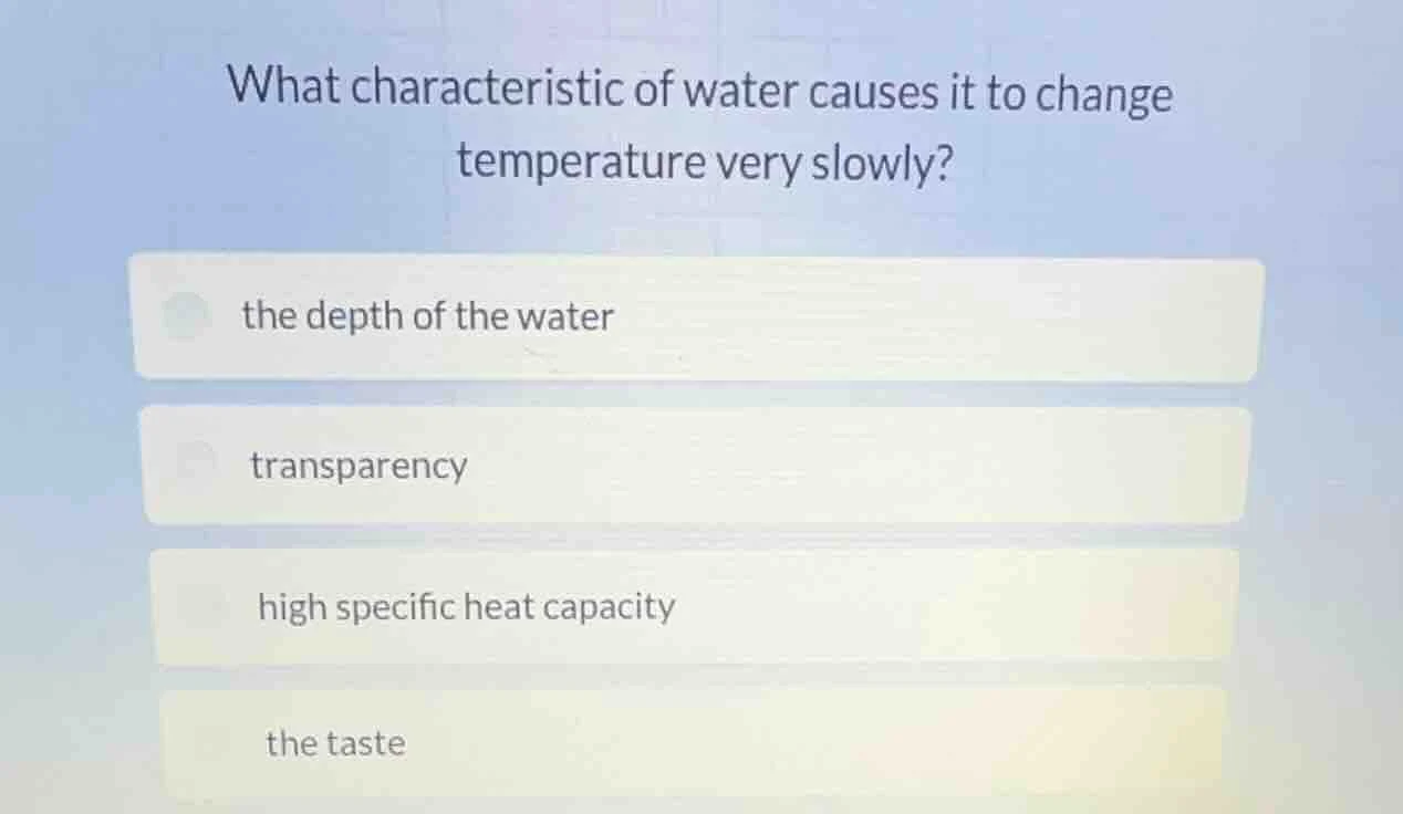 what characteristic of water causes it to change temperature very slowl…