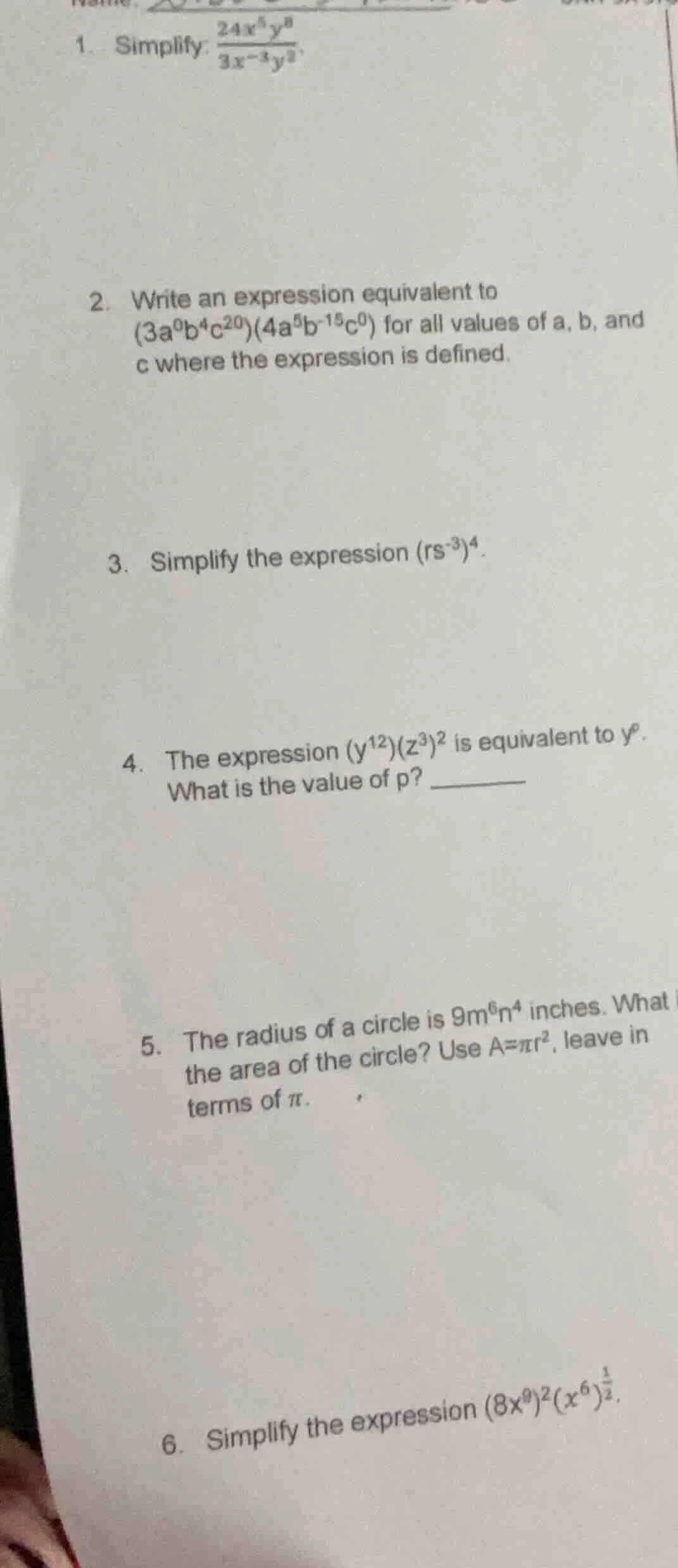 1. simplify: \\(\\frac{24x^{5}y^{8}}{3x^{-3}y^{2}}\\). 2. write an expr…