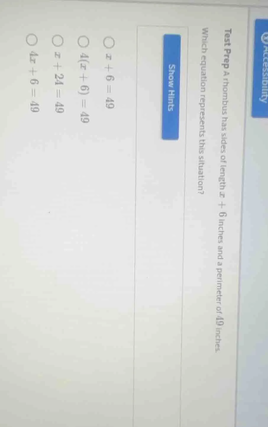 test prep a rhombus has sides of length ( x + 6 ) inches and a perimete…