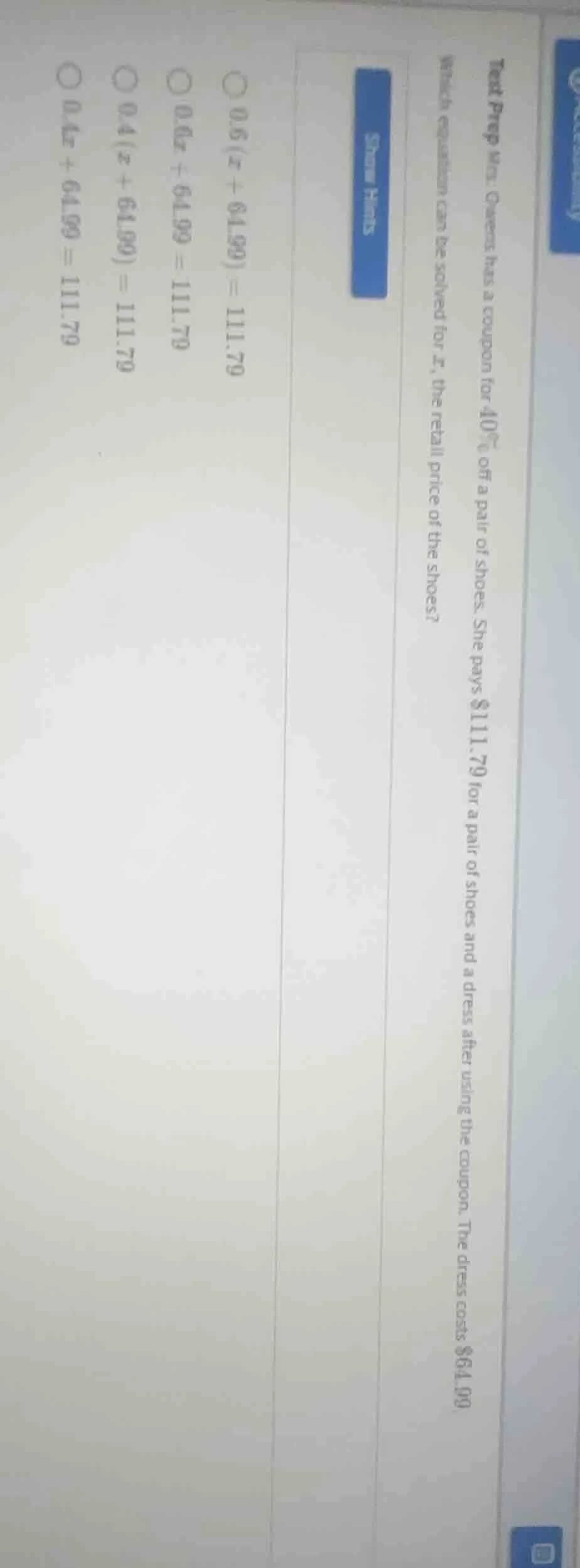 test prep mrs. owens has a coupon for 40% off a pair of shoes. she pays…