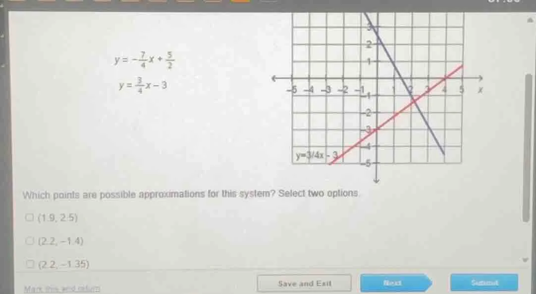 y = -\\frac{7}{4}x + \\frac{5}{2} y = \\frac{3}{4}x - 3 which points ar…