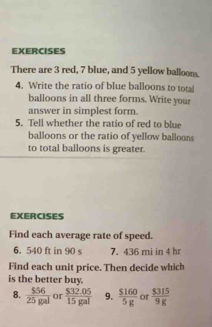 exercises there are 3 red, 7 blue, and 5 yellow balloons. 4. write the …