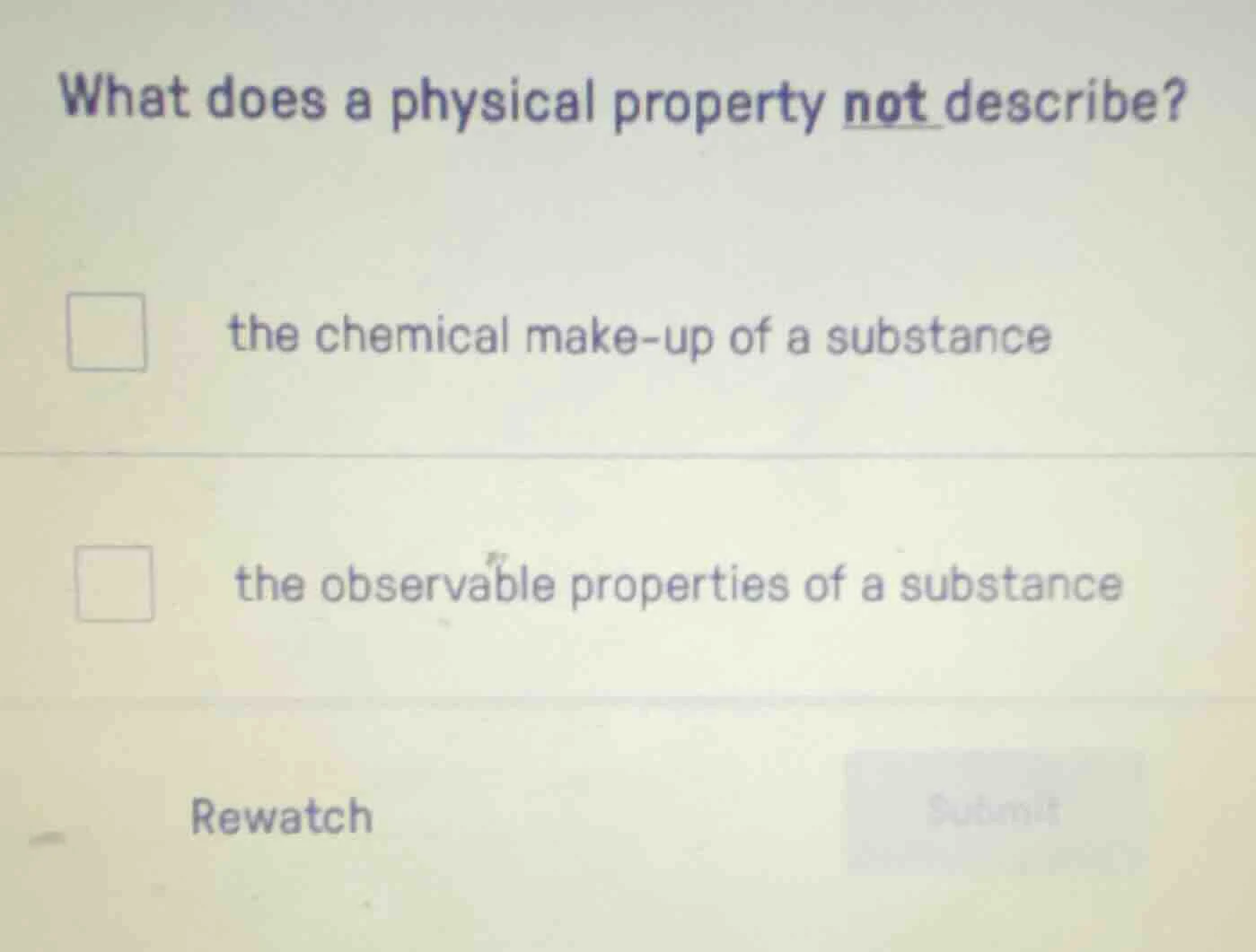 what does a physical property not describe? the chemical make - up of a…