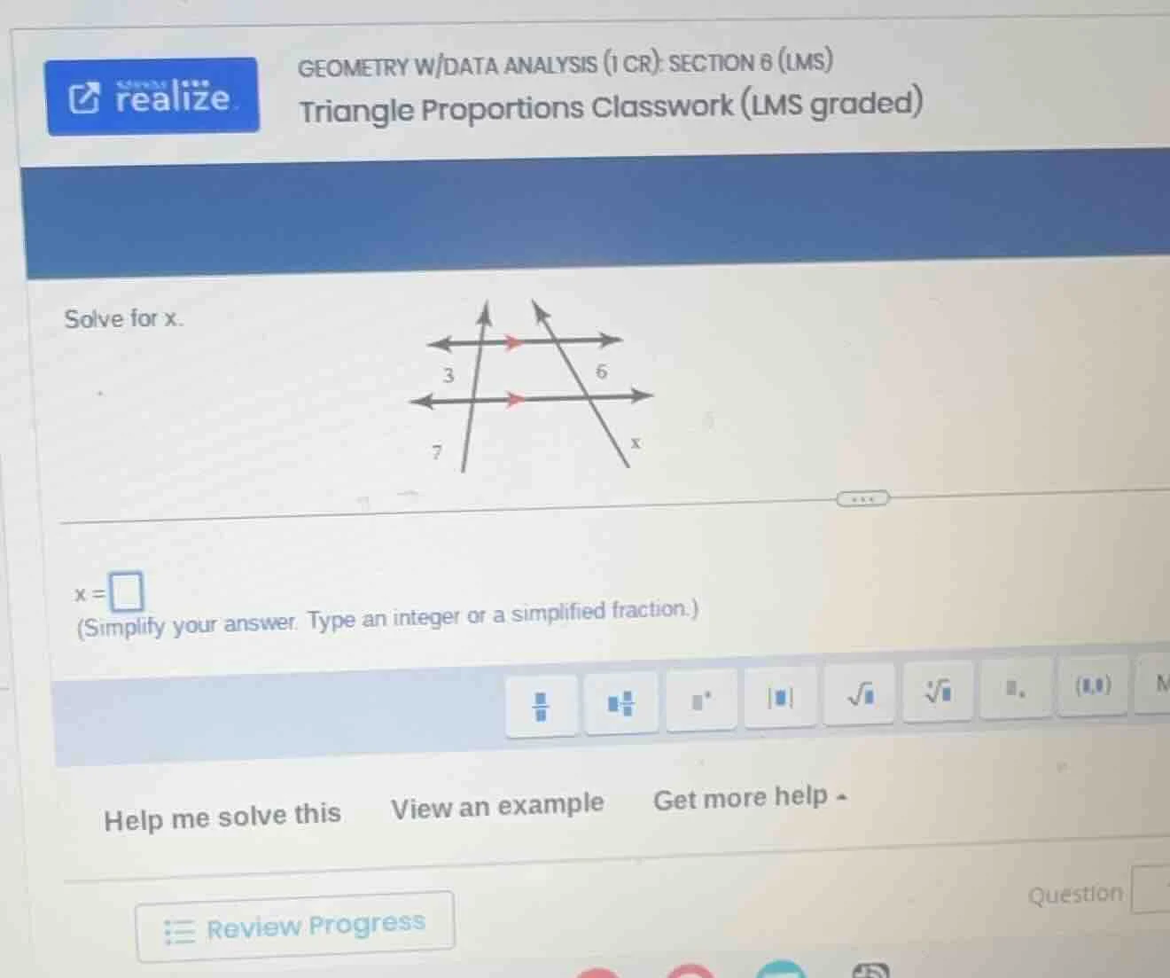 solve for x. x = (simplify your answer. type an integer or a simplified…