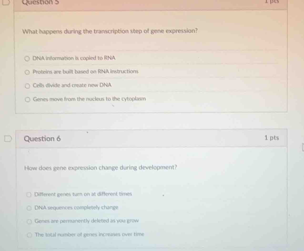 question 5 1 pts what happens during the transcription step of gene exp…
