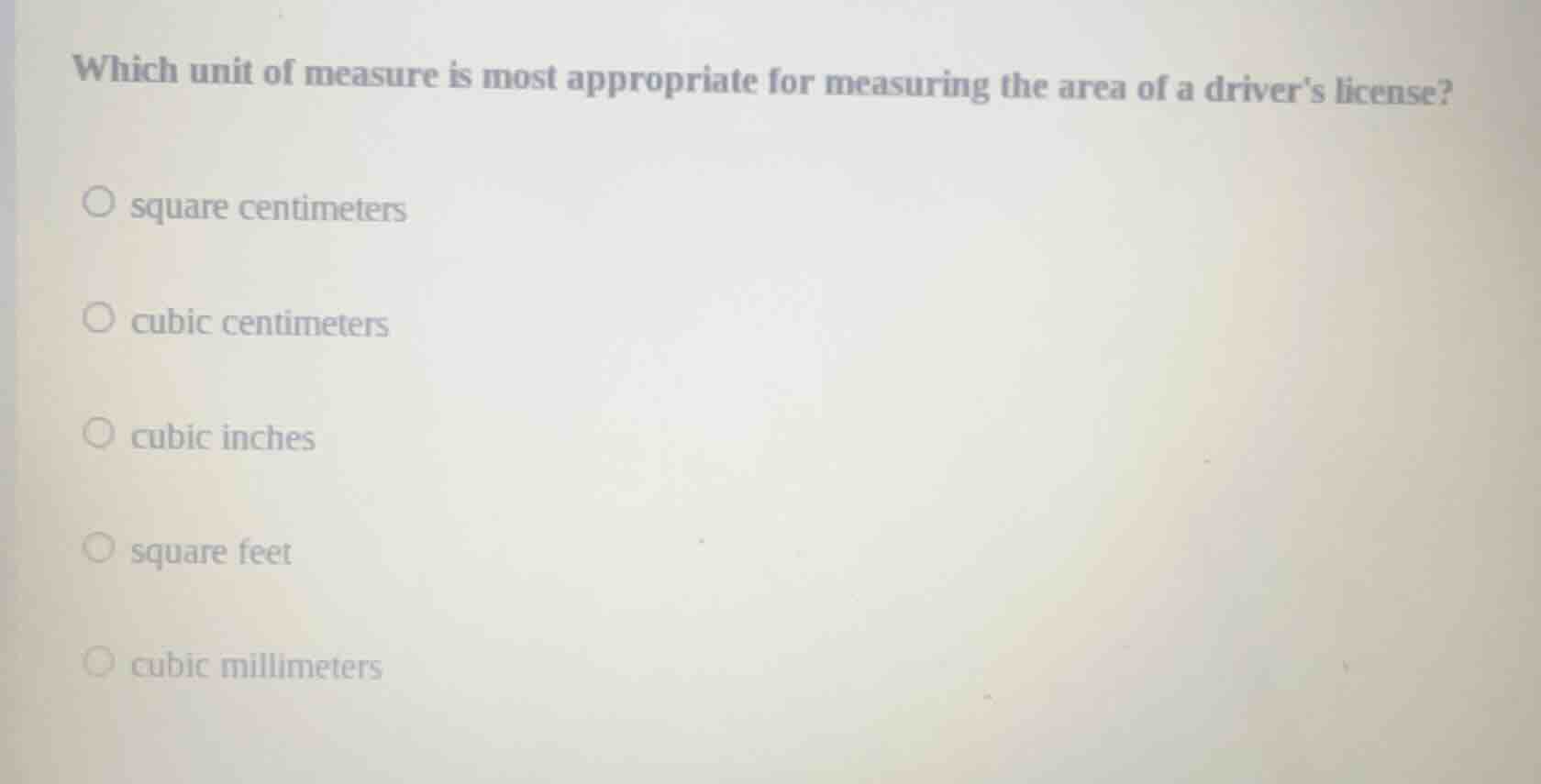 which unit of measure is most appropriate for measuring the area of a d…