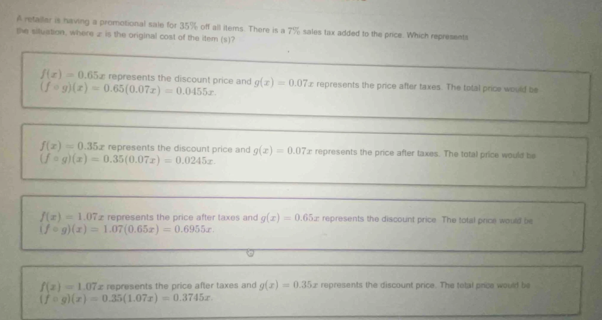 a retailer is having a promotional sale for 35% off all items. there is…