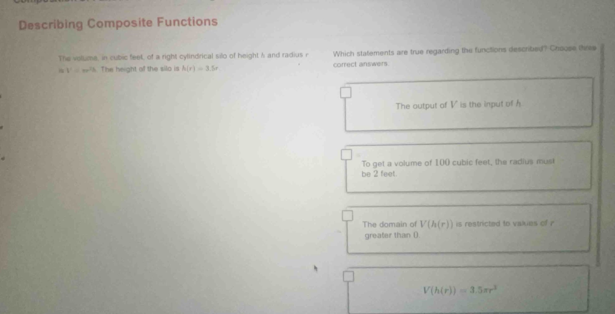 describing composite functions the volume, in cubic feet, of a right cy…