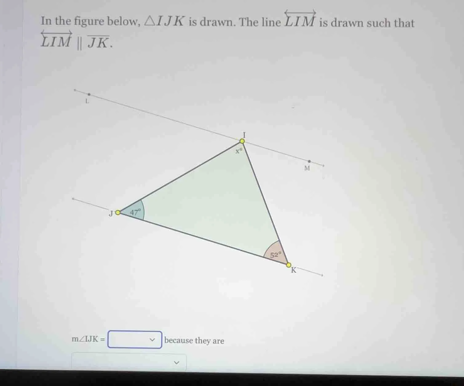 in the figure below, $\\triangle ijk$ is drawn. the line $\\overleftrig…