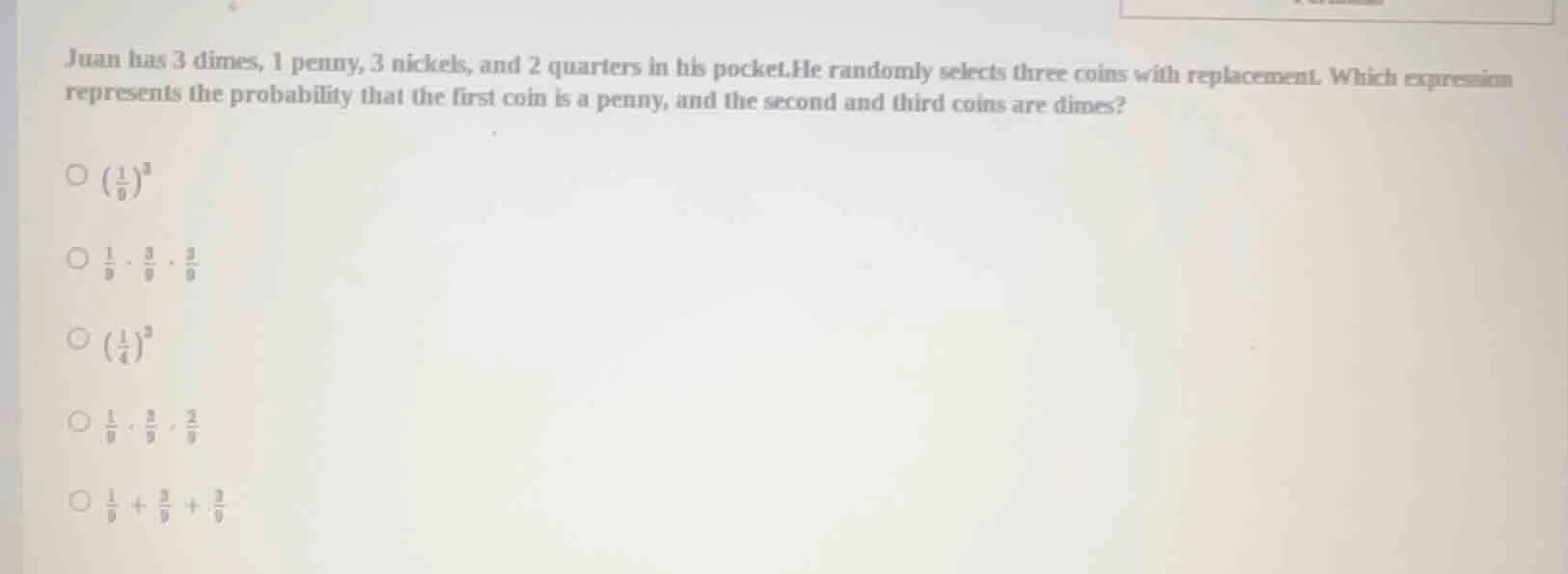 juan has 3 dimes, 1 penny, 3 nickels, and 2 quarters in his pocket. he …