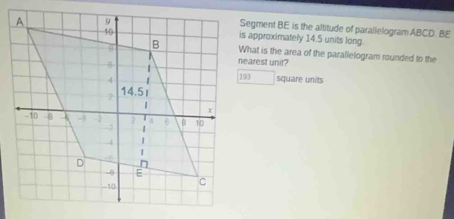 segment be is the altitude of parallelogram abcd. be is approximately 1…