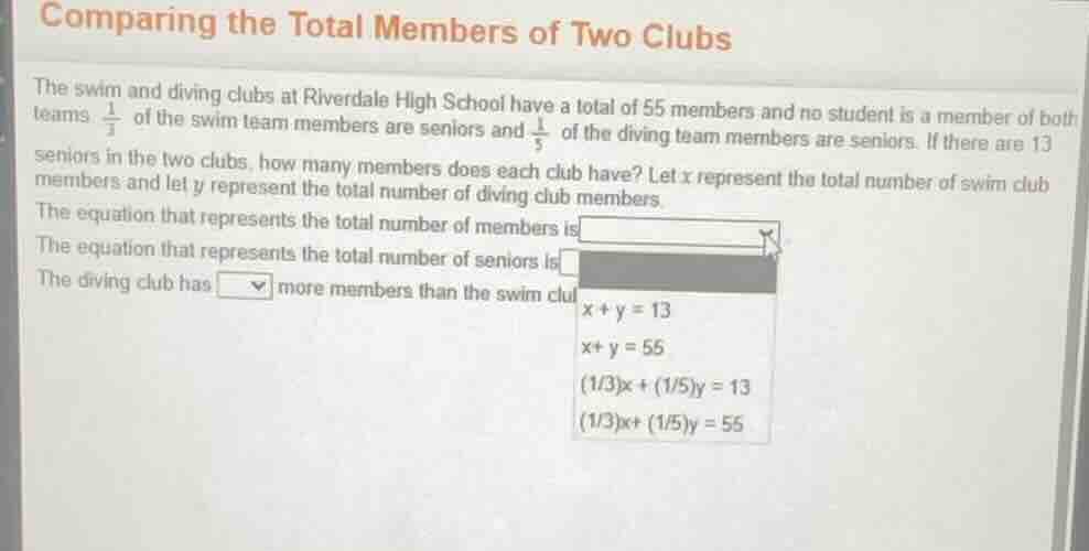 comparing the total members of two clubs the swim and diving clubs at r…