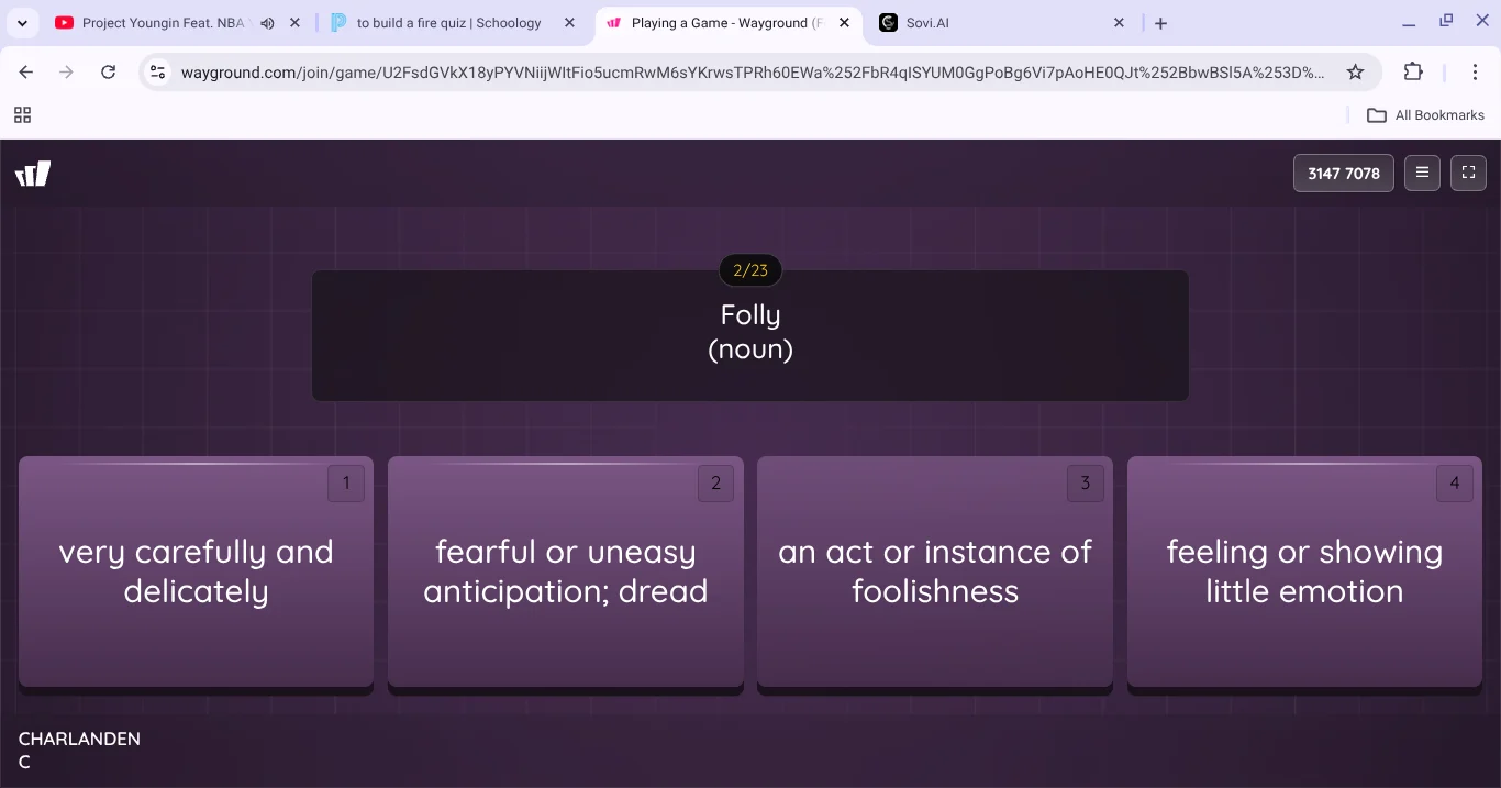 folly (noun) 1 very carefully and delicately 2 fearful or uneasy antici…