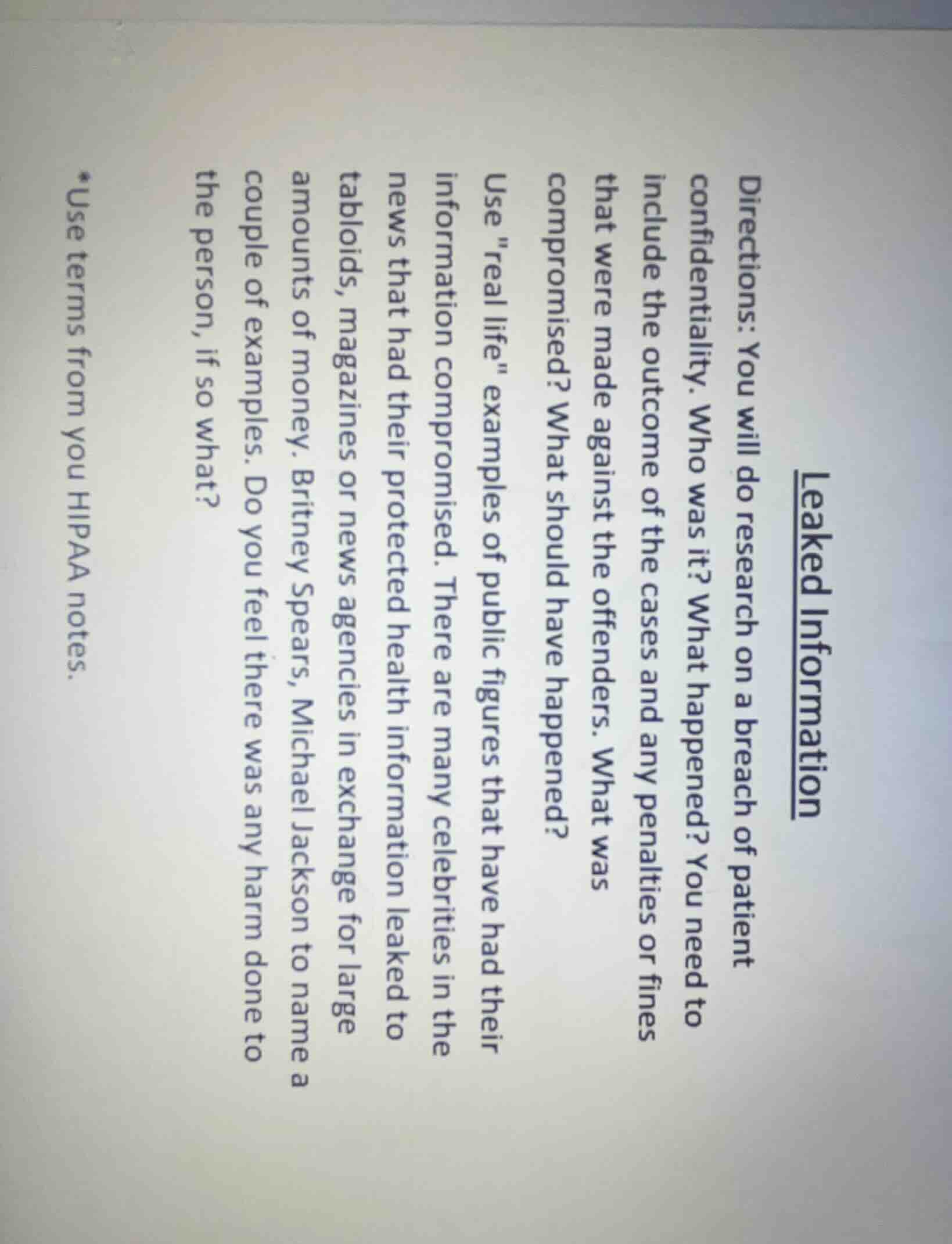 leaked information directions: you will do research on a breach of pati…