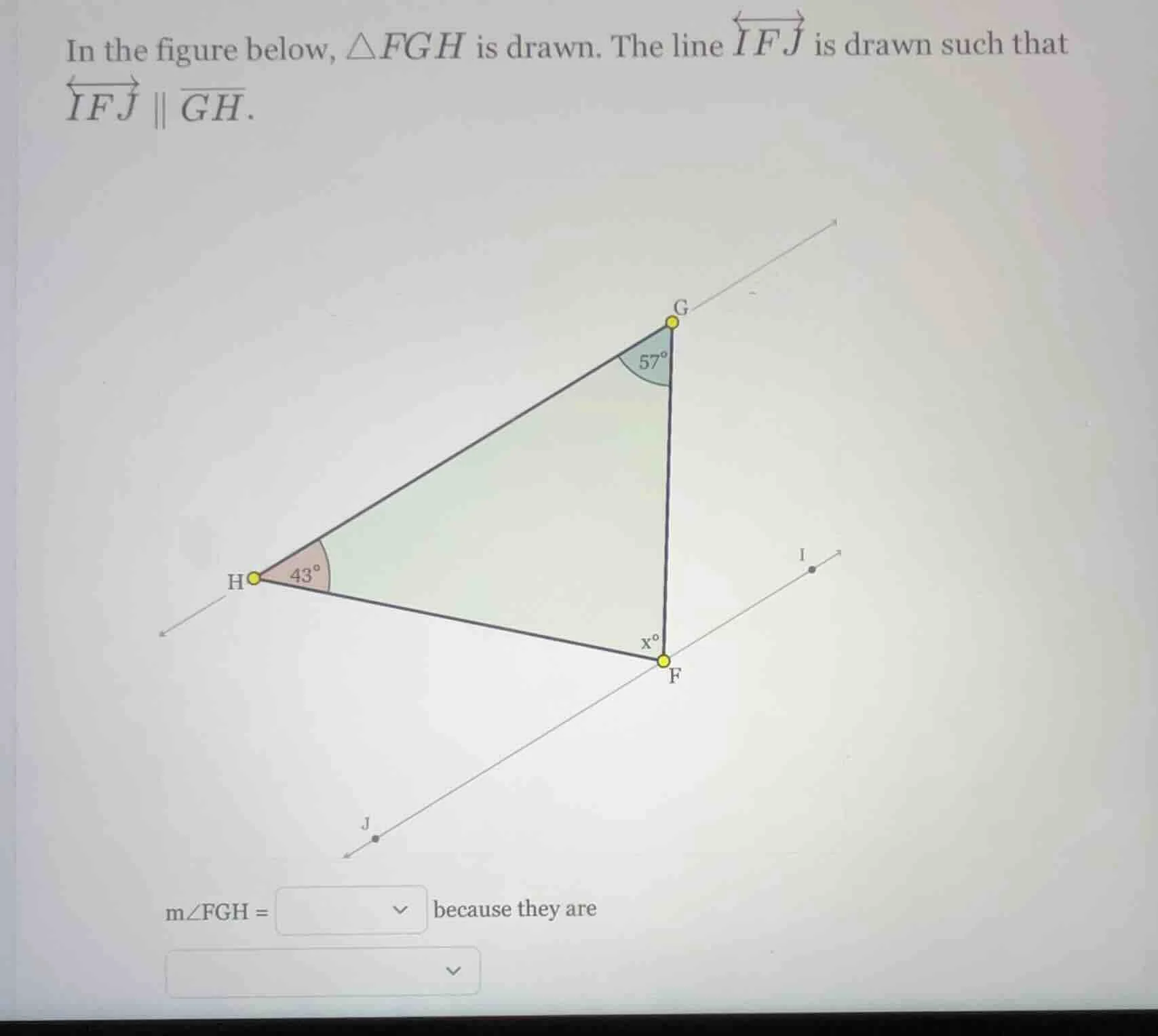 in the figure below, $\\triangle fgh$ is drawn. the line $\\overleftrig…