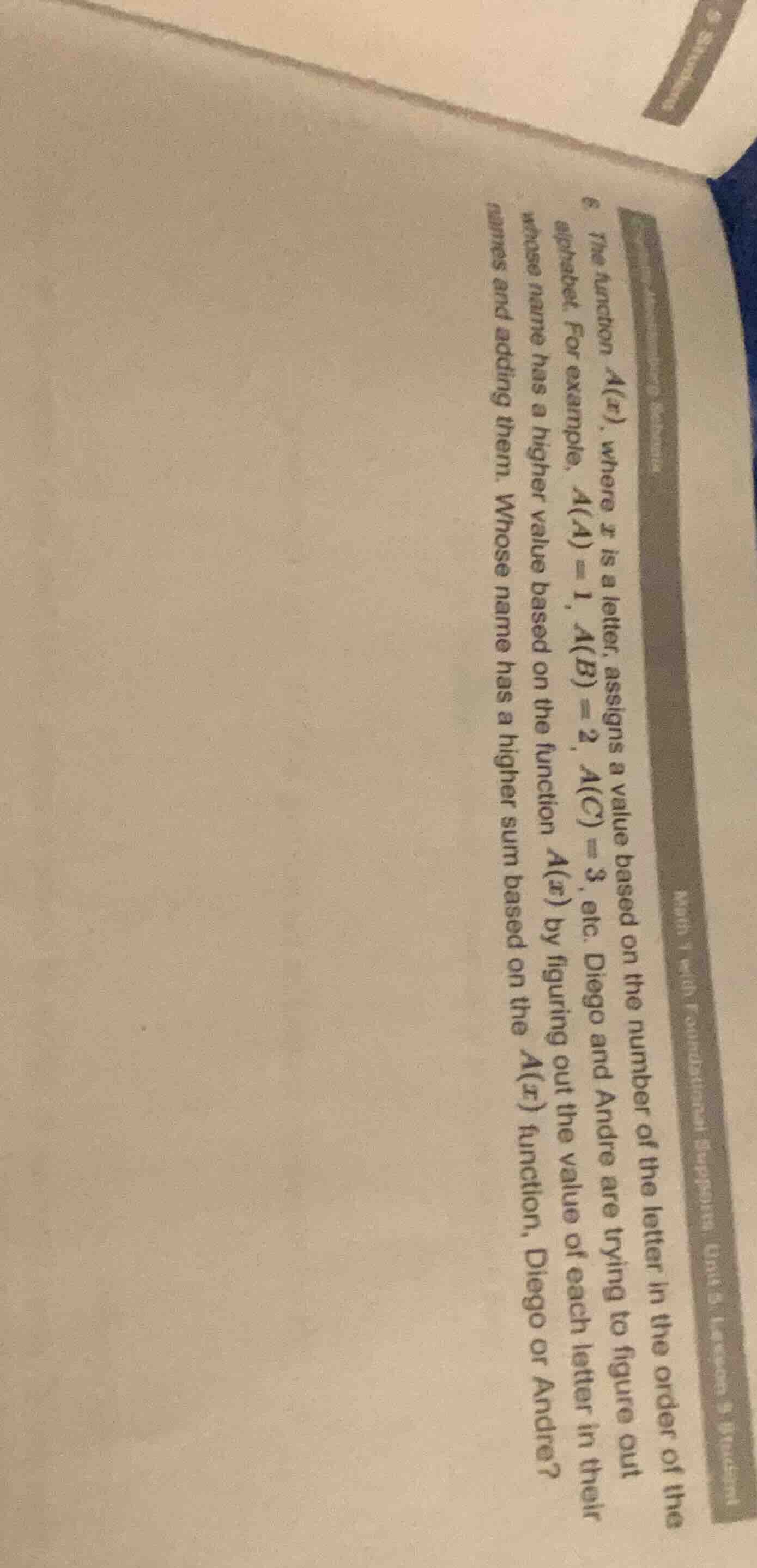 6 the function ( a(x) ), where ( x ) is a letter, assigns a value based…