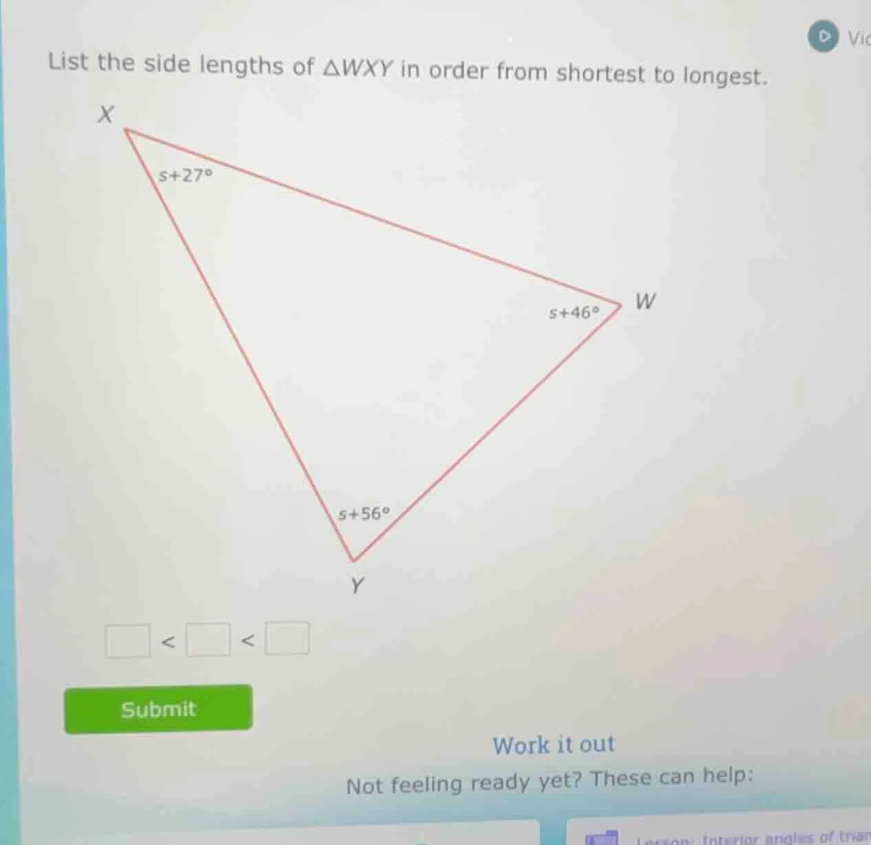 list the side lengths of $\\triangle wxy$ in order from shortest to lon…